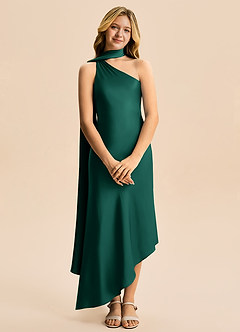 Azazie Briony Junior Emerald Sheath Pleated Stretch Satin Dress image7