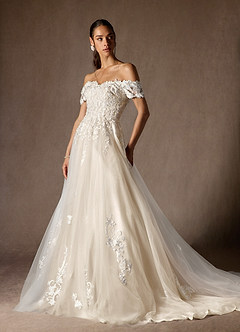 Azazie Rowe Wedding Dresses Diamond White Champagne Ball-Gown Off the Shoulder Tulle Dress image5