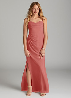 Azazie Mai Junior 쉬스 주름진 쉬폰 플로어 길이 주니어 신부 들러리 드레스 image1