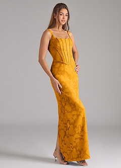 Azazie Kenna Bridesmaid Dresses Butterscotch Sheath Side Slit Floral Burnout Dress image4