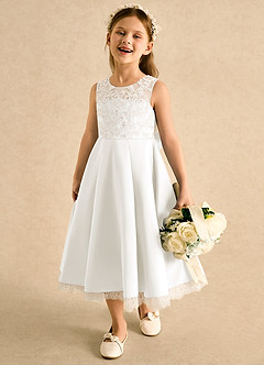 Azazie Amari Flower Girl Dresses Ivory A-Line Lace Matte Satin Dress image1