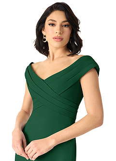 Azazie Evita Bridesmaid Dresses Dark Green A-Line Off the Shoulder Stretch Crepe Dress image4
