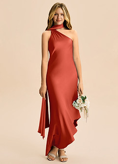 Azazie Briony Junior Rust Sheath Pleated Stretch Satin Dress image5