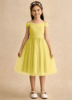 Azazie Lila Girls Formal Robe Demoiselle D'honneur Fillette Robe Trapèze en Tulle Épaule décolletée Canari image1