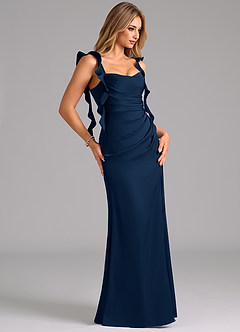 Azazie Jessamine Bridesmaid Dresses Dark Navy A-Line Corset Stretch Satin Dress image4