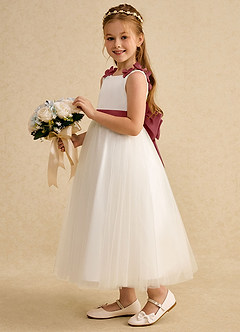 Azazie Lilli Blumenmädchenkleider A-Linie Schleifen Tüll Kleid Elfenbein Antikrosa image3