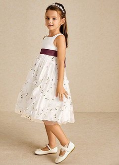 Azazie Pollie Flower Girl Dresses Ivory Cabernet A-Line Bow Tulle Dress image5