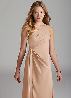 Azazie Mika Junior English Rose A-Line Pleated Stretch Satin Dress image4
