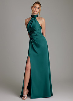 Azazie Gracelynn Abiti da Damigella Abito Tubino in Raso Elasticizzato Plissettato Verde Pavone image5