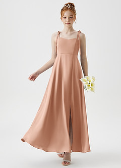Azazie Rosey Junior Robe Trapèze en Satin extensible Encolure en Forme de Cœur Or Rose image1