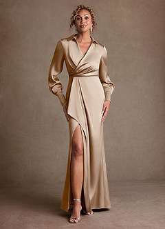 Azazie Jacinta 신부의 어머니 드레스 쉬스 주름진 스트레치 새틴 플로어 길이 드레스 image1