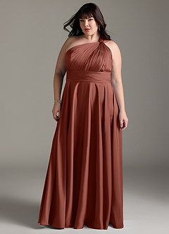 Azazie Charlize Bridesmaid Dresses Auburn A-Line One Shoulder Stretch Satin Dress image13
