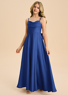 Azazie Bear Junior A-Line Kæresteudskæring Stræk satin Gulv-længde Junior brudepige Kjole image4