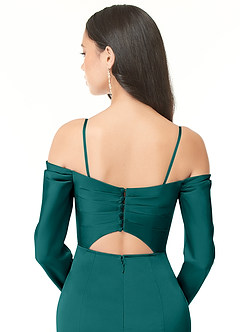 Azazie Hallie Bridesmaid Dresses Peacock Sheath Off-The-Shoulder Long Sleeve Stretch Satin Convertible Dress image9
