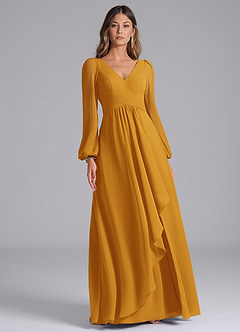 Azazie Liah Brautjungfernkleider A-Linie Langarm Chiffon Kleid Butterscotch image3