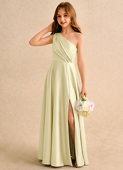 Azazie Puddles Girls Formal Flower Girl Dresses Lemon Sorbet A-Line One Shoulder Stretch Satin Dress image3