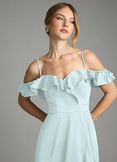 Azazie Lyra Bridesmaid Dresses Sea Glass A-Line Off the Shoulder Stretch Satin Convertible Dress image11