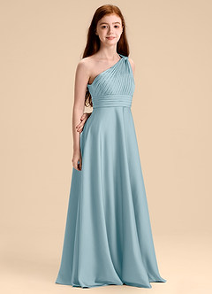 Azazie Charlize Junior Robe Trapèze en Satin extensible Plissée Bleu Maussade image3