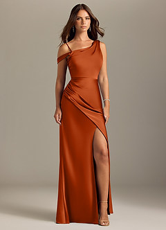 Azazie Madelyn Bridesmaid Dresses Burnt Orange Mermaid Off the Shoulder Stretch Satin Convertible Dress image9
