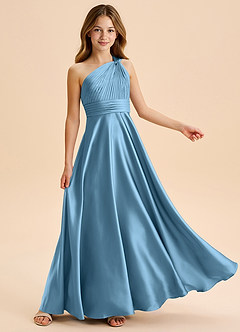 Azazie Charlize Junior Jurk van Stretch Satijn met A-Lijn Geplooid Staal Blauw image5