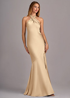 Azazie Lorena Bridesmaid Dresses Champagne Mermaid Pleated Stretch Satin Dress image3