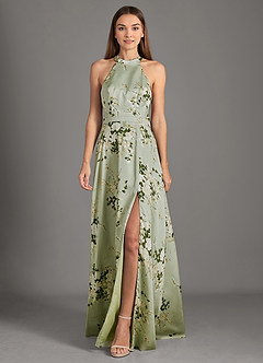 Azazie Clarice Bridesmaid Dresses Floral Vines A-Line High Neck Stretch Satin Dress image6