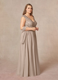 Azazie Amethyst Mother of the Bride Dresses Taupe A-Line V-Neck Sequins Chiffon Dress image11