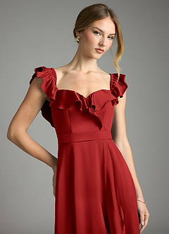 Azazie Lyra Bridesmaid Dresses Pomegranate A-Line Off the Shoulder Stretch Satin Convertible Dress image2