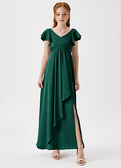 Azazie Omari Junior Emerald A-Line Pleated Stretch Satin Dress image4