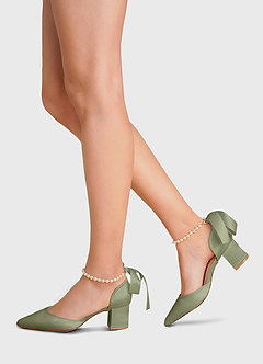 front Sapatos de salto bloco bico fino com pérolas e laços de cetim fosco combinando