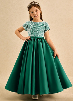 Azazie Cashew Robe Demoiselle D'honneur Fillette Robe Princesse en Mat Satiné avec manches émeraude image2