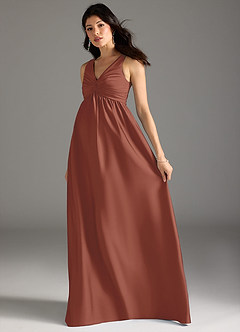 Azazie Yetta Maternity Bridesmaid Dresses A-Line Pleated Stretch Satin Floor-Length Dress image6