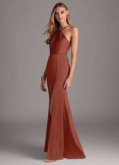 Azazie Elana Bridesmaid Dresses Auburn Sheath Side Slit Stretch Satin Dress image3
