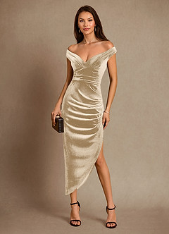 Azazie Nabila Mother of the Bride Dresses Champagne Column Off the Shoulder Velvet Dress image4