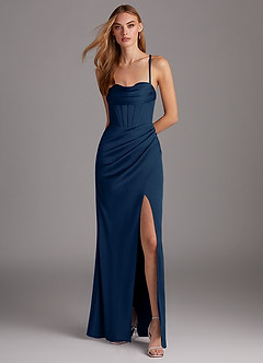 Azazie Brookelle Bridesmaid Dresses Dark Navy Sheath Sweetheart Corset Stretch Satin Dress image2