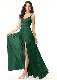 Azazie Vini Robes de demoiselle d'honneur Robe Trapèze en Mousseline de soie Col V plissé Vert Foncé image3