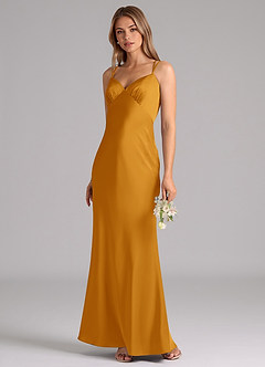Azazie Suttona Brautjungfernkleider A-Linie Plissee Stretch-Satin Kleid Butterscotch image4