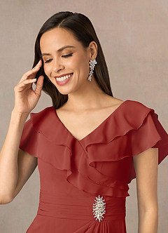 Azazie Snapdragon Mère de la mariée Robes Robe Trapèze en Mousseline de soie Col en V froncé Terracotta image3