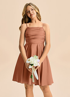 Azazie Miko Junior Vestido de Bronceador de Satén Elástico de Corte en A con Plisado image6