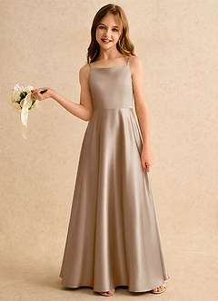 Azazie Joella Girls Formal Flower Girl Dresses Taupe A-Line Pleated Stretch Satin Dress image2
