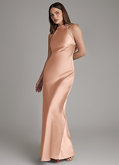 Azazie Dimitra Bridesmaid Dresses Rose Gold Sheath Pleated Stretch Satin Dress image6