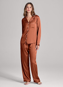 front Pyjama-Set aus Satin mit langen Ärmeln und Hose in passender Farbe