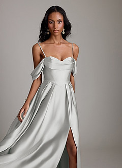 Azazie Loisa Abiti da Damigella Abito A-Line in Raso Elasticizzato a Spalla Scoperta Argento image3