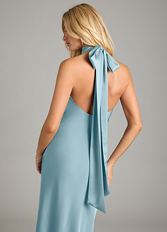 Azazie Velli Vestidos de damas de honor Vestido de Azul Malhumorado de Satén Elástico de Corte Sirena con Cuello Alto image2