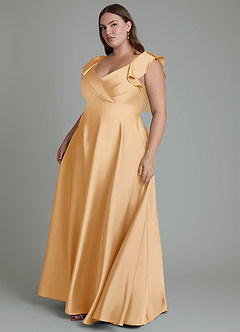 Azazie Leilani Bridesmaid Dresses Gold A-Line Ruched Stretch Satin Dress image15