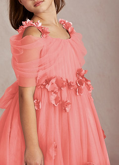 Azazie Shaylee Flower Girl Dresses Coral A-Line Off the Shoulder Tulle Dress image2