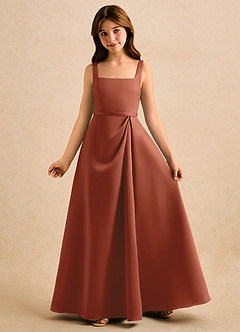 Azazie Emiko Girls Formal Abiti da Ragazza di Fiori Abito A-Line in Raso Opaco Plissettato Auburn image4