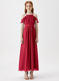 Azazie Chaya Junior Scarlet A-Line Off the Shoulder Chiffon Dress image3