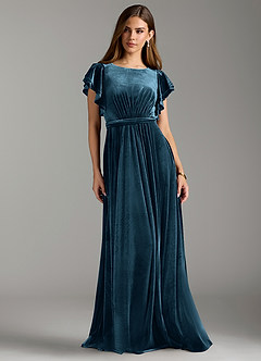 Azazie Daphne Modest Bridesmaid Dresses A-Line Velvet Floor-Length Dress with Belt image3