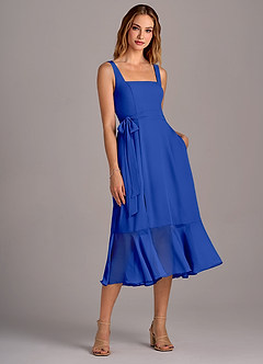 Azazie Deb Vestidos de damas de honor Vestido de Azul Real de Gasa de Corte en A Convertible con Con bolsillos image4